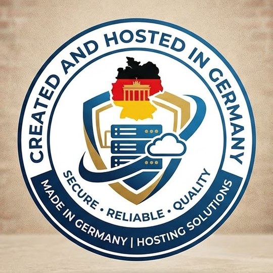 Seal: Created and hosted in Germany – secure, reliable, quality. Made in Germany, Hosting Solutions